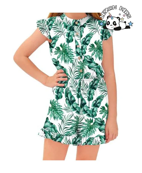 LEZONKIDS - OEM ODM Girl's Summer Ruffled Flutter-Sleeve Jumpsuit Button Down Crew Neck Romper For 5-14 Years